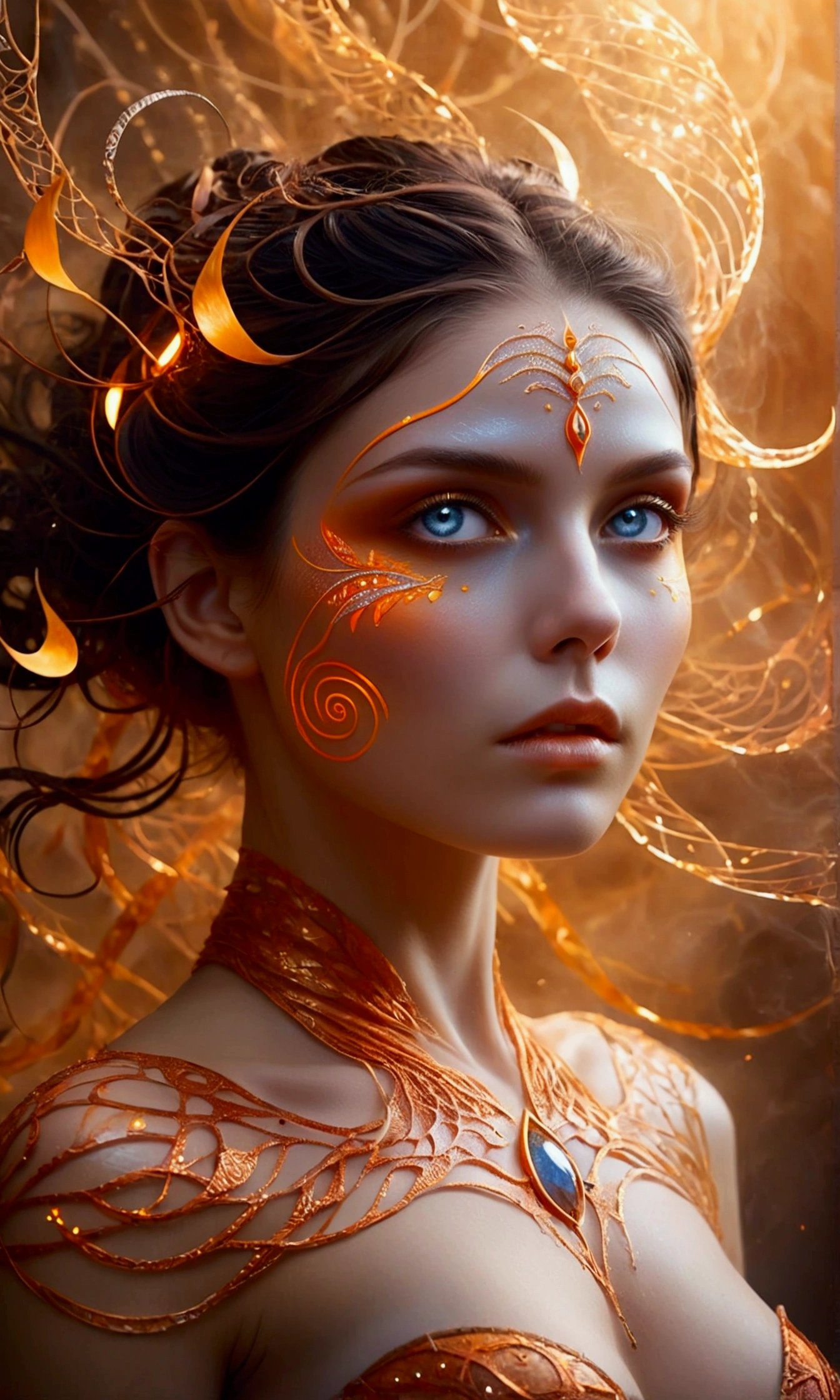 a woman enveloped in tendrils of luminous orange fog, her form obscured yet tantalizing, piercing eyes shine through the haze, ethereal beauty contrasted with darkness, intricate patterns emerge from the mist, reminiscent of ancient symbols, a blend of mystique and elegance, Broken Glass effect, no background, stunning, something that even doesn't exist, mythical being, energy, molecular, textures, iridescent and luminescent scales, breathtaking beauty, pure perfection, divine presence, unforgettable, impressive, breathtaking beauty, Volumetric light, auras, rays, vivid colors reflects