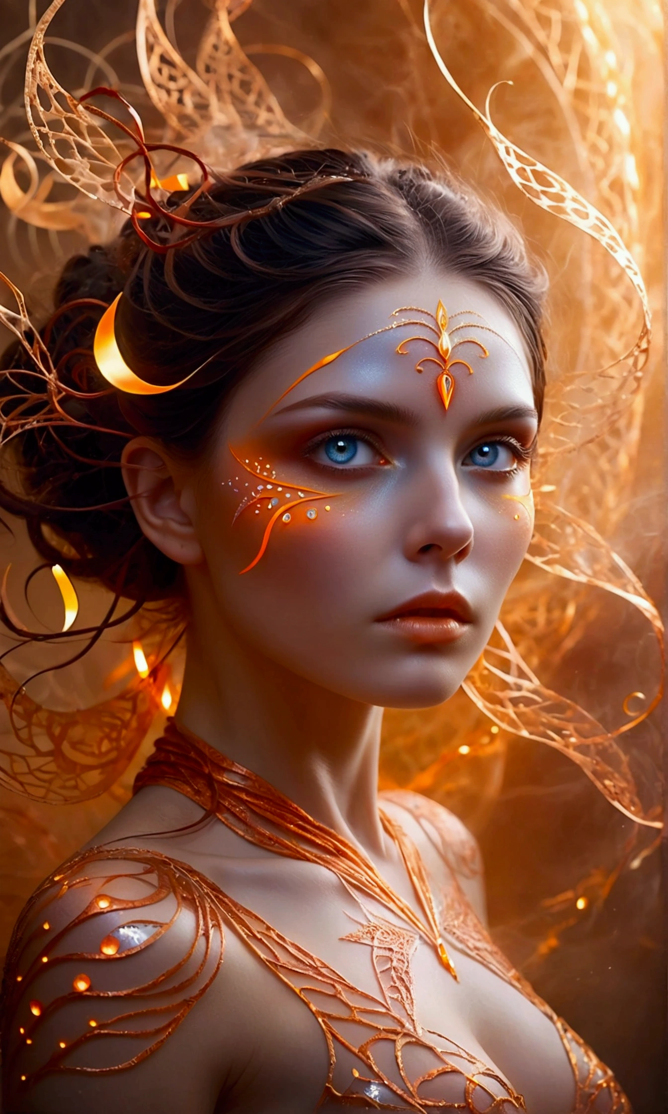 a woman enveloped in tendrils of luminous orange fog, her form obscured yet tantalizing, piercing eyes shine through the haze, ethereal beauty contrasted with darkness, intricate patterns emerge from the mist, reminiscent of ancient symbols, a blend of mystique and elegance, Broken Glass effect, no background, stunning, something that even doesn't exist, mythical being, energy, molecular, textures, iridescent and luminescent scales, breathtaking beauty, pure perfection, divine presence, unforgettable, impressive, breathtaking beauty, Volumetric light, auras, rays, vivid colors reflects