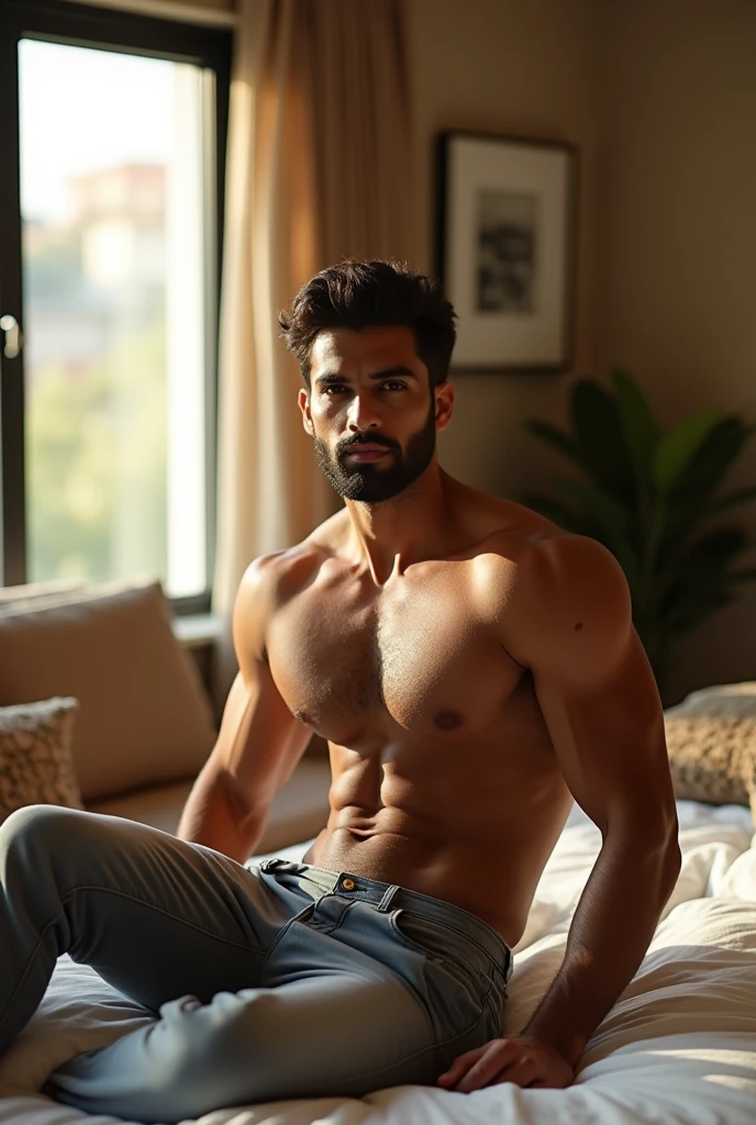 Izhaan Jamshed is sitting on a bed shirtless showing six packs beast body