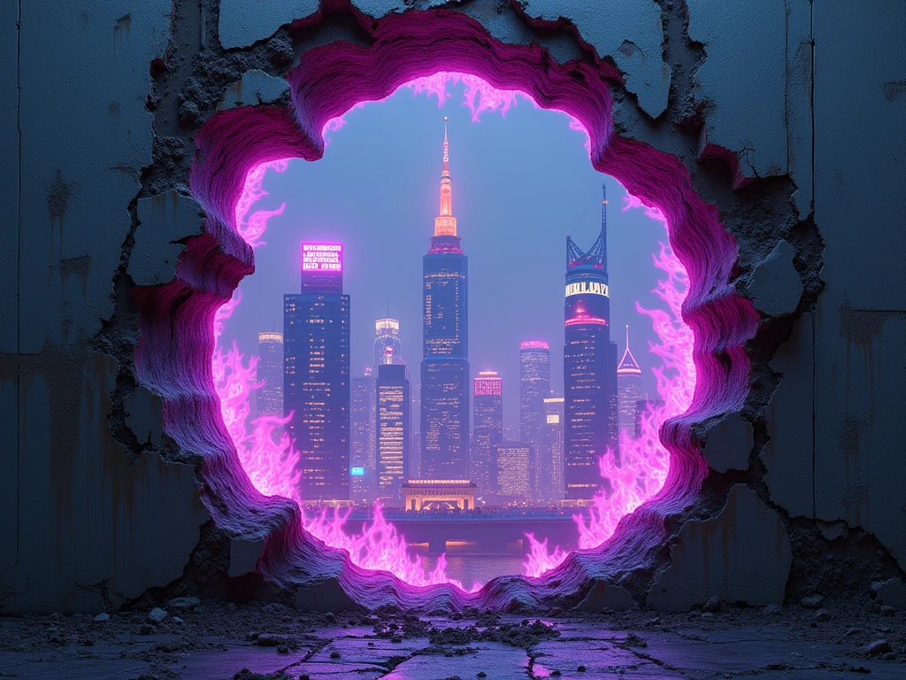 (photorealism:1.2), A hole in the wall with perfect details, the edges of hole burning with purple neon fire, and through the burning hole a city with tall cyberpunk skyscrapers can be seen