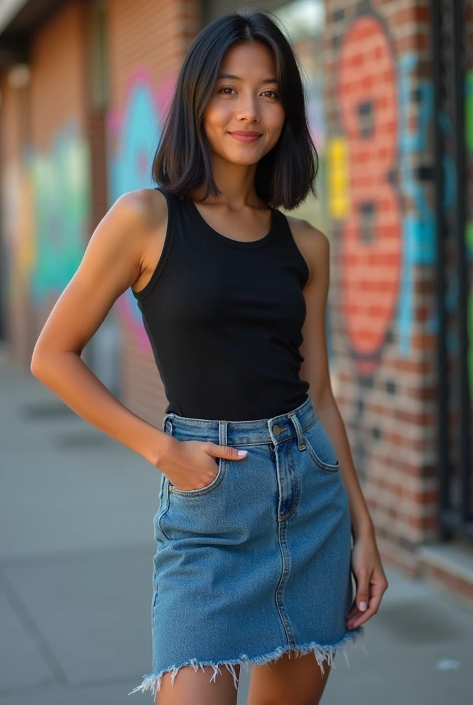 slightly tanned filipina with chinese eyes, straight short black hair up to shoulders, wearing tank top black shirt, denim blue maong skirt, converse all star black, around 20 years old