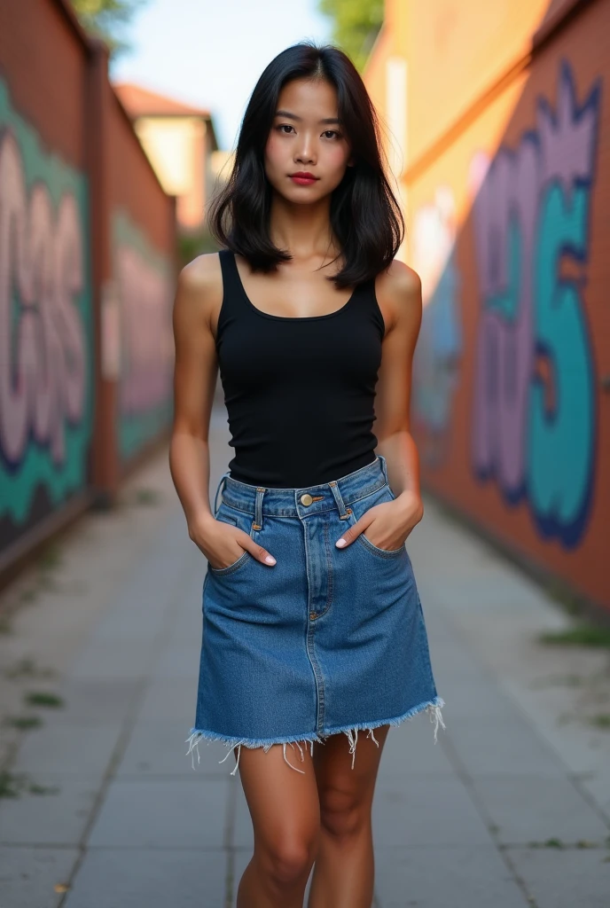 slightly tanned filipina with chinese eyes, straight short black hair up to shoulders, wearing tank top black shirt, denim blue maong skirt, converse all star black, around 20 years old