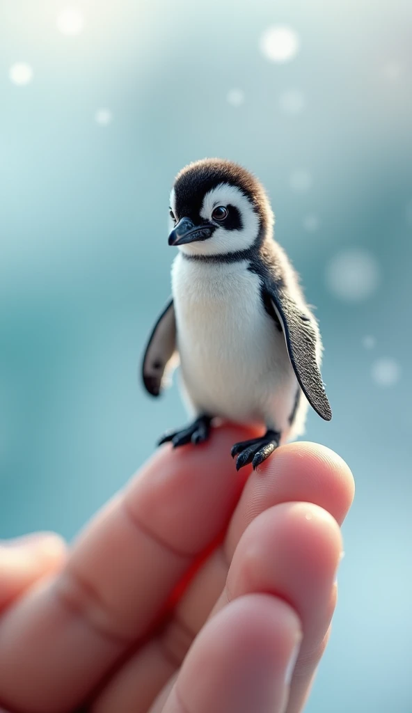 Photorealistic, 32k, Micro Tiny  [penguin] perched on a human finger