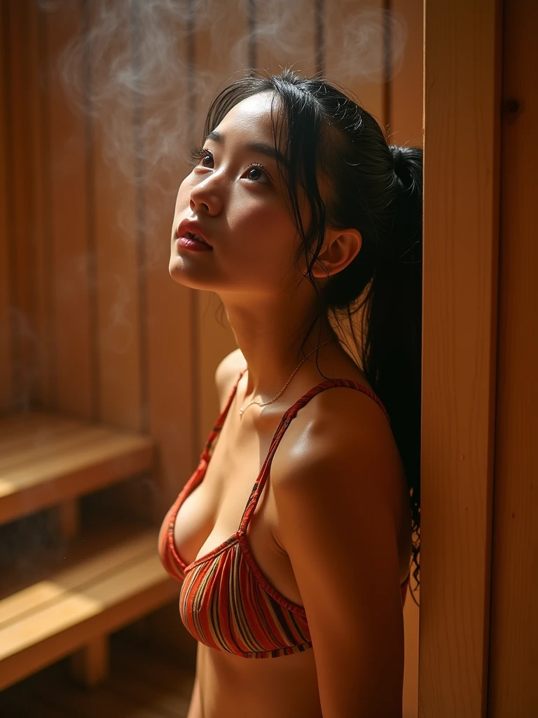 ((Highest quality、8k、masterpiece:1.3))、woman(Full body portrait、frontage、Large Breasts、internal_sauna:1.6)、暗いsauna室、Vivid color striped bikini、Top view、Sharp focus:1.2、Cute face:1.3、((Brown Hair、Ponytail Hair))、Highly detailed face、Large Breasts:1.4、skin、Hair Texture、Sweat、Wet body、Wet Face、Wet Hair、Detailed eyes、double eyelid、白いskinの、Beautiful and delicate nose、かわいい若い日本のwoman、18-year-old、Looking up at the ceiling、Dynamic Angles、The muted colors and contrast of light and shadow create a melancholic feeling.、