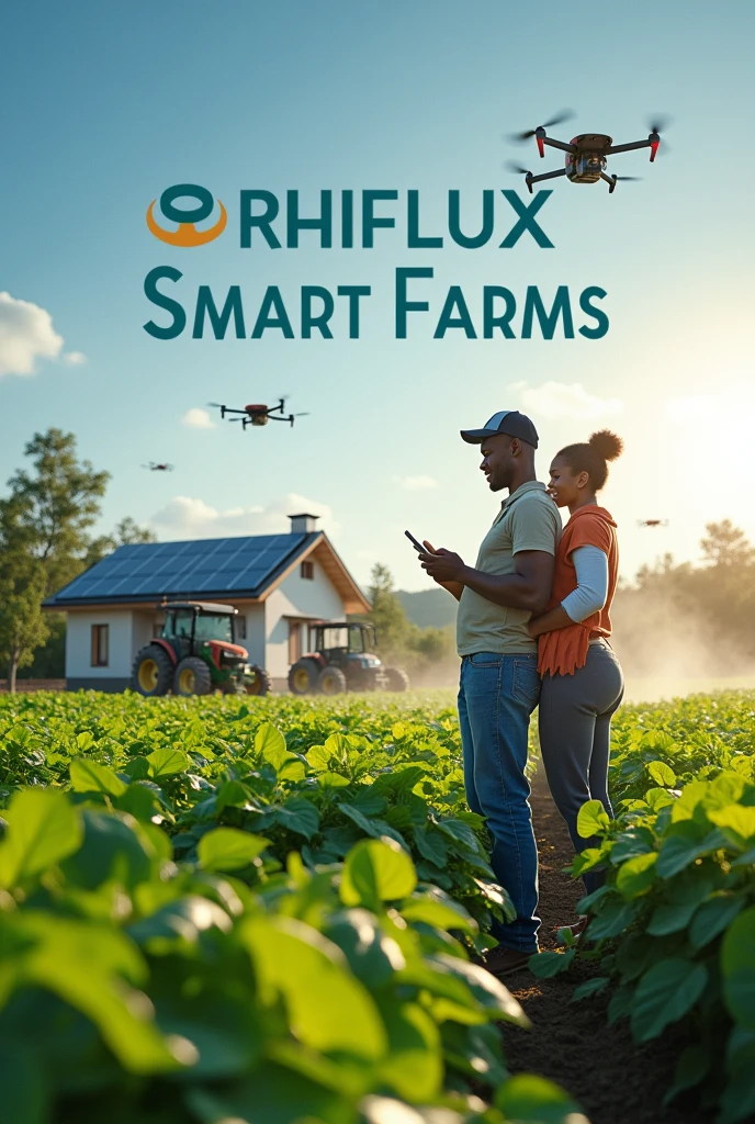 An African farmer on a smart phone, his family with him, their house with solar panels behind them, a solar generator, drones spraying water on plants, electric tractor in the farm, 2 workers using electric spray pumps, a solar powered electro cube,  put RHIFLUX SMART FARMS at the top of the picture 
