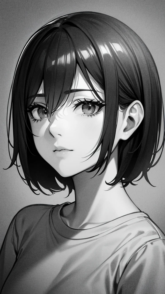 1 woman, alone, monochrome, grayscale, black short hair, portrait, t-shirt, closed mouth, looking at viewer, sketch, graphite \(middle\), small lips, hatching \(group\), Without makeup, upper body, (best illustration), (best quality), (very detailed), (masterpiece), forehead, Woman in her 20s, small eyes,
