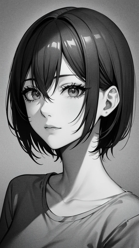 1 woman, alone, monochrome, grayscale, black short hair, portrait, t-shirt, closed mouth, looking at viewer, sketch, graphite \(middle\), small lips, hatching \(group\), Without makeup, upper body, (best illustration), (best quality), (very detailed), (masterpiece), forehead, Woman in her 20s, small eyes, 