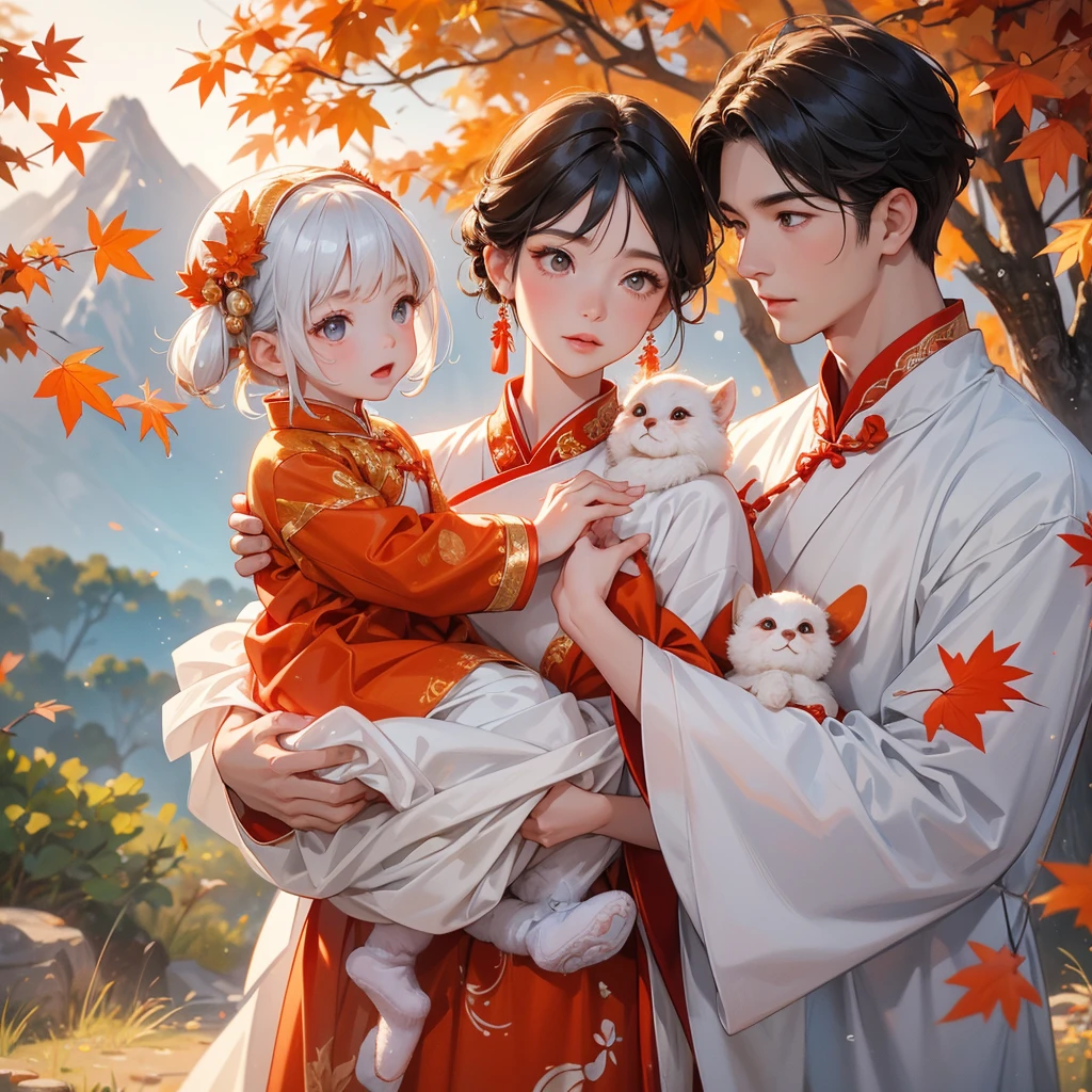 A one-year-old baby boy in white ancient Chinese baby costume with his beautiful mother, dressed in an ancient Chinese costume, The backdrop is a mountain that turns orange-red in spring, and maple leaves fall from the trees, playing with each other, with his handsome father standing next to his mother, close up