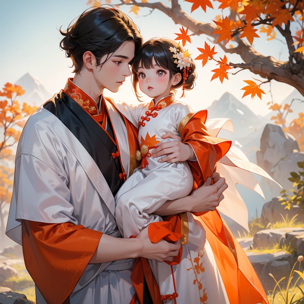 A one-year-old baby boy in white ancient Chinese baby costume with his beautiful mother, dressed in an ancient Chinese costume, The backdrop is a mountain that turns orange-red in spring, and maple leaves fall from the trees, playing with each other, with his handsome father standing next to his mother, close up