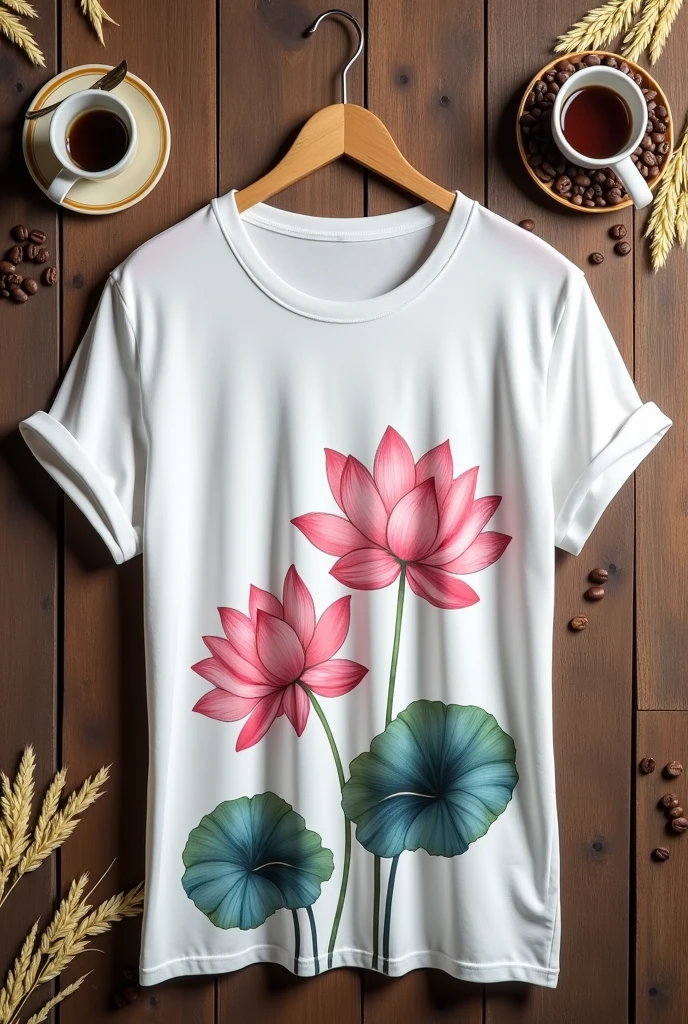 mockup of a loose white T-shirt with two pink lotus flowers drawn on the chest, embossed on rubber on lotus leaves in pastel watercolors of pink, yellow, and blue, with broken color streaks drawn. Brown wooden background, deco with a few rice flowers, coffee beans, and coffee cups