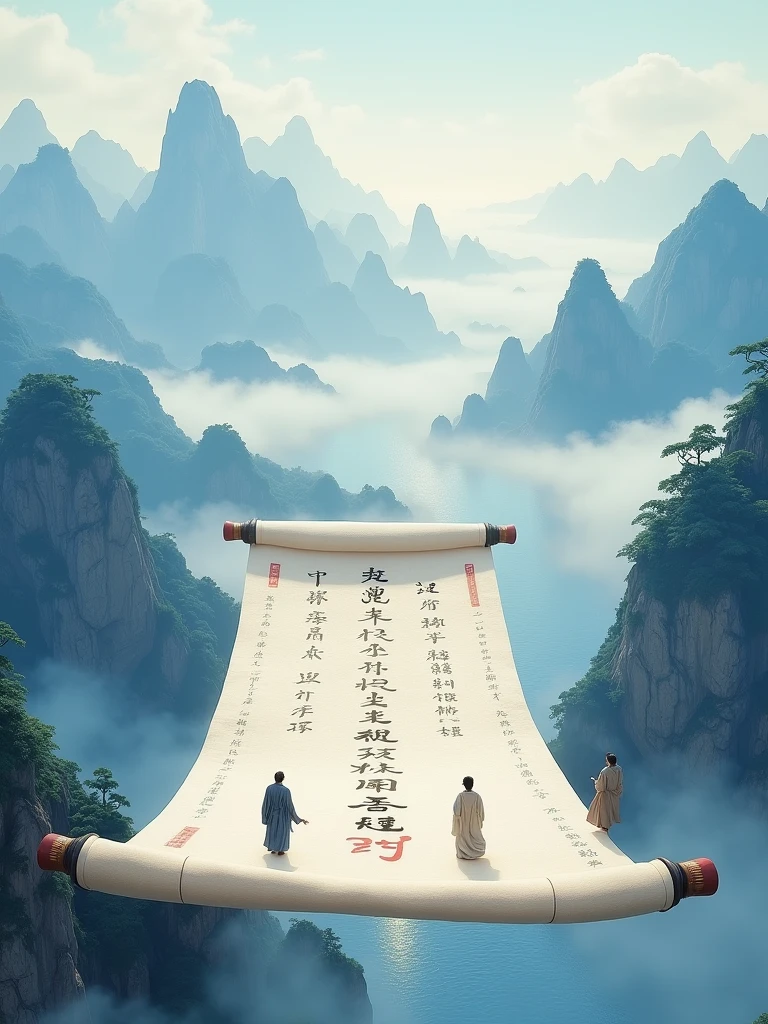 Chinese style, Felt material, An open scroll floating in the air, There are some ancient words on it. On the unrolled scroll stand several ancient poets, Illustration with mountains and rivers in the background. The mountains are undulating, silk, Macro, HD Hyperrealism, Naganami, Fresh and elegant style, White and blue tones, Macro perspective

