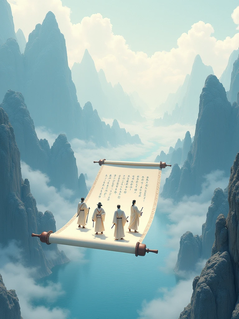 Chinese style, Felt material, An open scroll floating in the air, There are some ancient words on it. On the unrolled scroll stand several ancient poets, Illustration with mountains and rivers in the background. The mountains are undulating, silk, Macro, HD Hyperrealism, Naganami, Fresh and elegant style, White and blue tones, Macro perspective