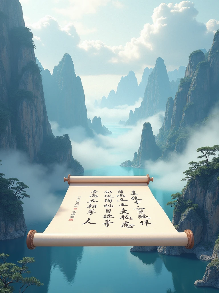 Chinese style, Felt material, An open scroll floating in the air, There are some ancient words on it. On the unrolled scroll stand several ancient poets, Illustration with mountains and rivers in the background. The mountains are undulating, silk, Macro, HD Hyperrealism, Naganami, Fresh and elegant style, White and blue tones, Macro perspective
