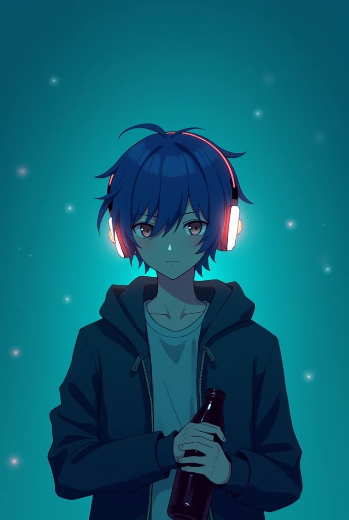 Anime boy with headphones and a bottle with a turquoise background, the bottle being darker and the boy being bigger, another similar one but a little duller, everything is fine, but the turquoise landscape background is just a boy, everything is fine, now just let it be at night, just a boy and a frontal look and a duller look.