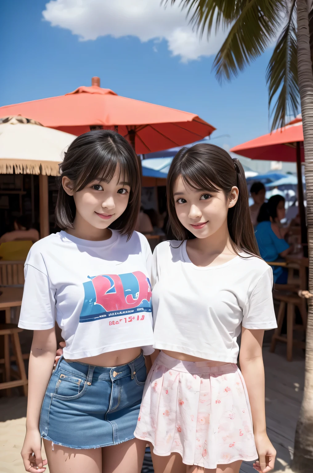 Two girls (21 years old, Japanese cute face) are wearing white Tshirts, mini skirt at the beach bar