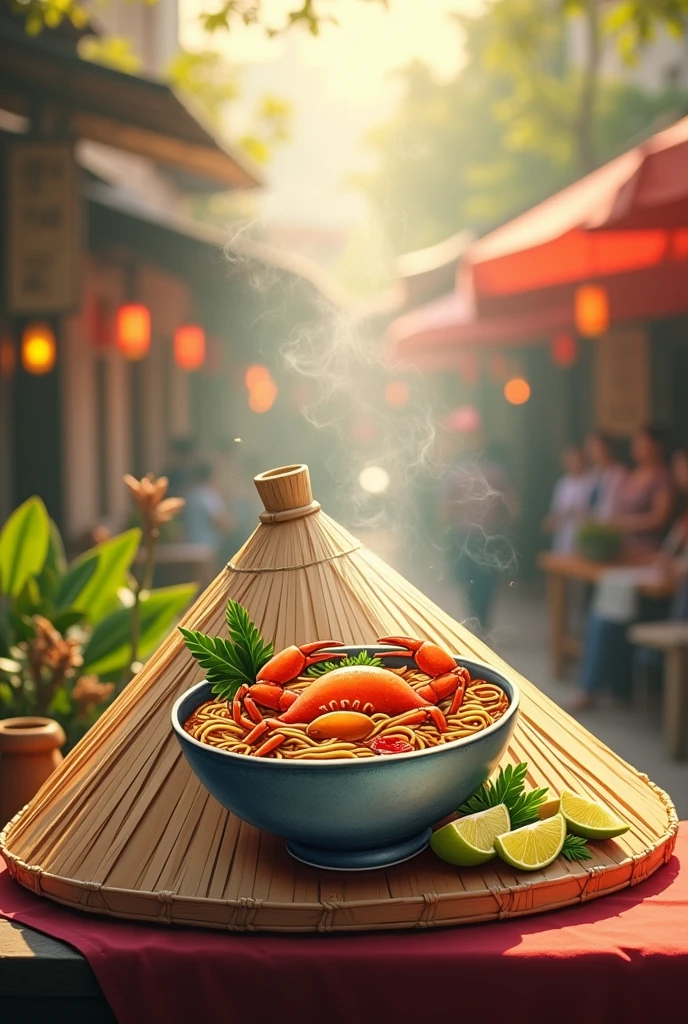 Draw a Vietnamese conical hat with a picture of a bowl of Vung Tau crab noodle soup 