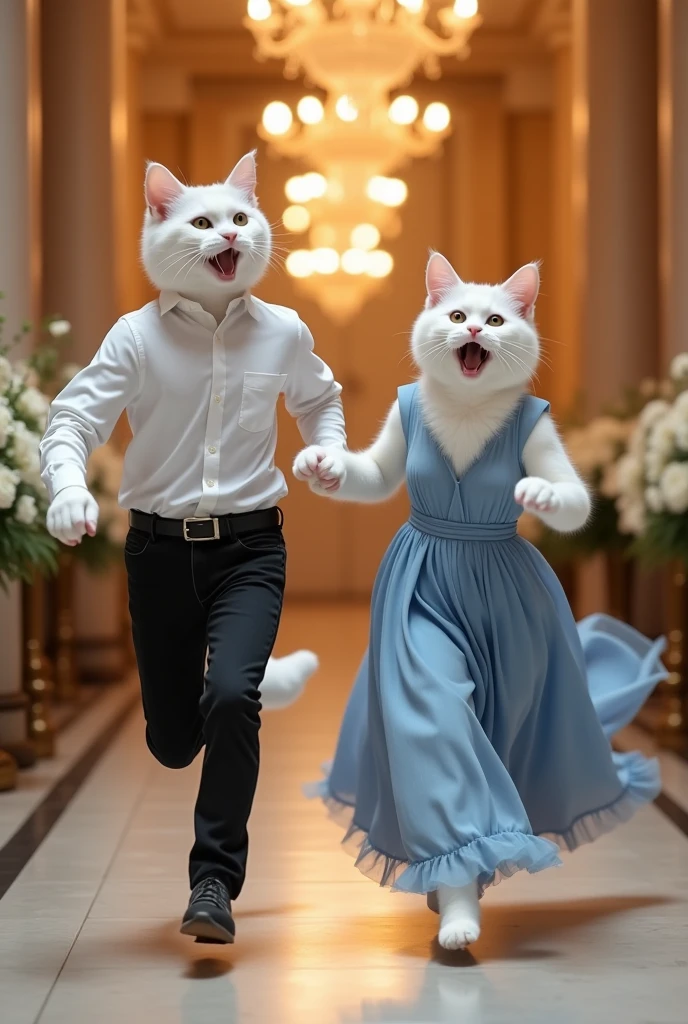 A tall white cat dressed in white shirt and black jeans runs with a tall beautiful white cat dressed in full length blue Maxie in marriage hall