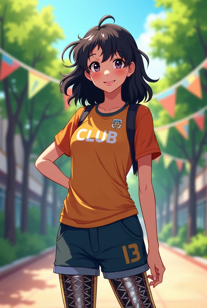 a high school girl, smiling, flushed, DARK hair, wavy hair, big chest, sports club shirt, without clothes underneath, sin short, mechanical legs, 