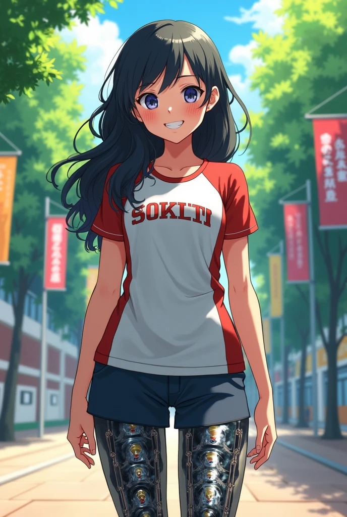 a high school girl, smiling, flushed, DARK hair, wavy hair, big chest, sports club shirt, without clothes underneath, sin short, mechanical legs, 