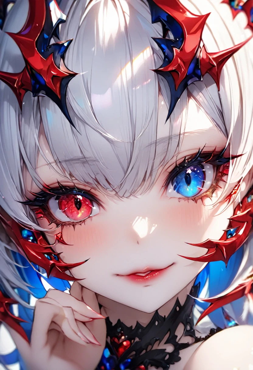 Devilishly cute charming girl, ((((Heterochromia Iridum - Red and Blue Eye Color))))、Through the bangs, Beautiful attention to detail, Beautiful lip detail, Very detailed顔, Devilish gestures, Attractive eyes, Long eyelashes, one person's, Digital Art, Monochrome Color, Soft lighting, Cinematic, romantic, ether, elegant, stylish, Fashionable, Mischievous:1.2, (Highest quality,16K,High resolution,masterpiece:1.2),Very detailed,(Ultra-realistic,Realistic,Realistic:1.37),Looking up,