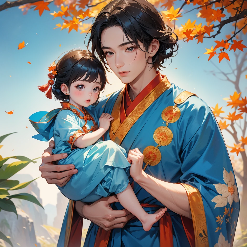A one-year-old baby boy in blue ancient Chinese baby costume with his beautiful mother, dressed in an ancient Chinese costume, The backdrop is a mountain that turns orange-red in spring, and maple leaves fall from the trees, playing with each other, with his handsome father standing next to his mother, close up