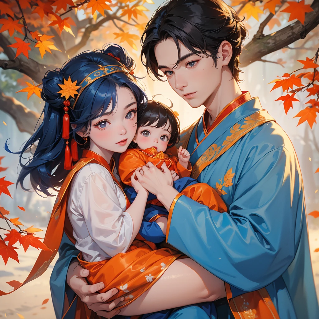 A one-year-old baby boy in blue ancient Chinese baby costume with his beautiful mother, dressed in an ancient Chinese costume, The backdrop is a mountain that turns orange-red in spring, and maple leaves fall from the trees, playing with each other, with his handsome father standing next to his mother, close up
