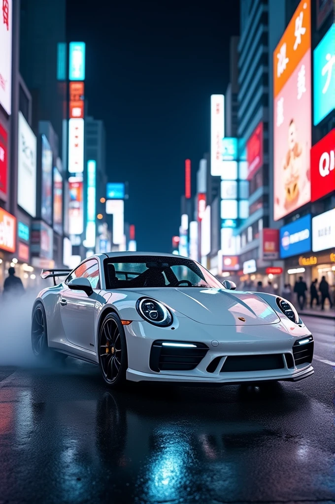 White Porsche in Tokyo at night, no people