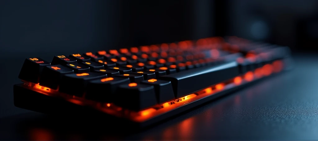 Picture of a high quality keyboard that looks amazing. Dark tone, blurred background, blurred foreground, soft orange backlight.