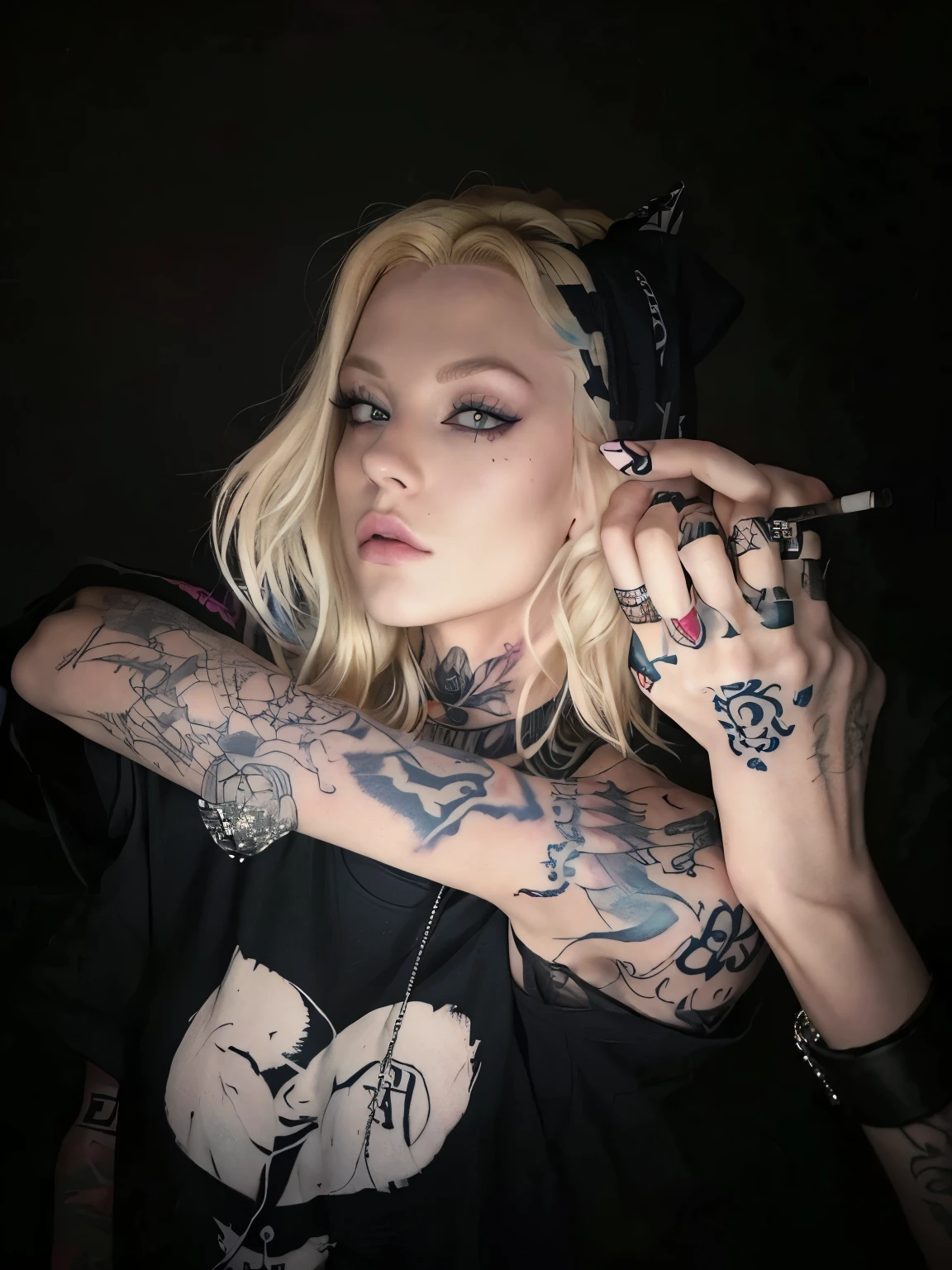 blond blond woman with tattoos and a man with a cigarette, with tattoos, arms covered in gang tattoo, profile pic, die antwoord style wear, tattooed, angie glocka, profile image, die antwoord, middle finger, aleksandra waliszewska, tattoo sleeve on her right arm, crystal castles, giving the middle finger