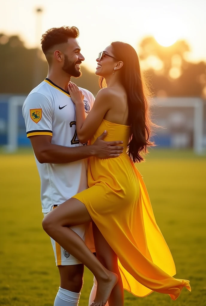 A man and woman standing in a football field . Man in pickup the girl .man wear 32 number white jersey.woman wearing yellow dress and glasses she has black hair  looking at each other  boy is not wearing glasses and boy is taller than girl by 1 feet man is carried woman in his arms
