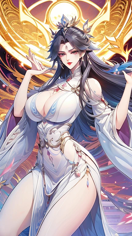 1 Woman, mature, High (1.85 cm), looks about 35 years old, has long black hair, straight and shiny, tied in the Chinese Taoist style, majestic black eyes, Extremely detailed eyes, perfect eyes, đôi mắt cực kỳ thực tế, balanced eyes, Long eyelashes, Anime style, perfect face, milf face, full red lips, mature, smooth white skin, natural body, sexy body, milf body, Perfect hands, detailed hands, arms in proportion to the body, đôi tay thực tế, arm with good anatomy, She was wearing only a red Chinese style dress decorated with gold and silver with phoenix motifs woven into the dress but still could not hide her extremely large and gigantic breasts., very big breasts, four hands can lift,breasts sag due to their size, thick thighs, wide hips, look at the viewer, The background is a Chinese-style pavilion., pose alone, look at the viewer.