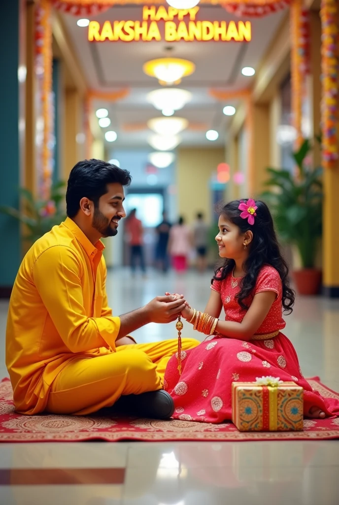 A real 24 year old  Cute man and girl are sitting face to face on a colorful mat in the fancy  lobby, the boy has extended one of his hands forward, And Girl tying Rakhi on brother's hand. boy is wearing a yellow  colored kurta And the girl is wearing a suit , boy has a gift box in his other hand, is smiling, boy has applied tilak on his forehead, and on the wall in bold letters "HAPPY RAKSHA BANDHAN" Seenu & Mohini" It is written, image