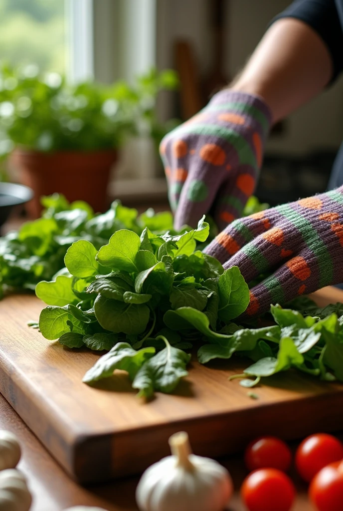 Draw a hand cutting a head of mustard greens on a kitchen chopping board.