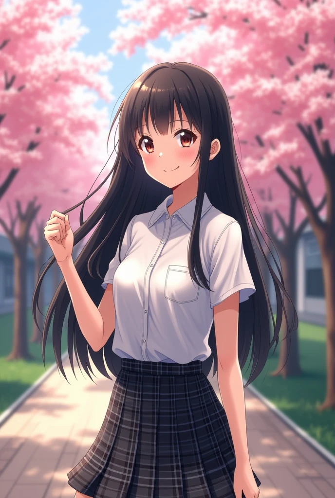 Smiling Japanese high school girl with long straight black hair。

The uniform is a white shirt。
The miniskirt is checkered and all black.。
The length of the hair is very long。
A painting that looks like a photograph