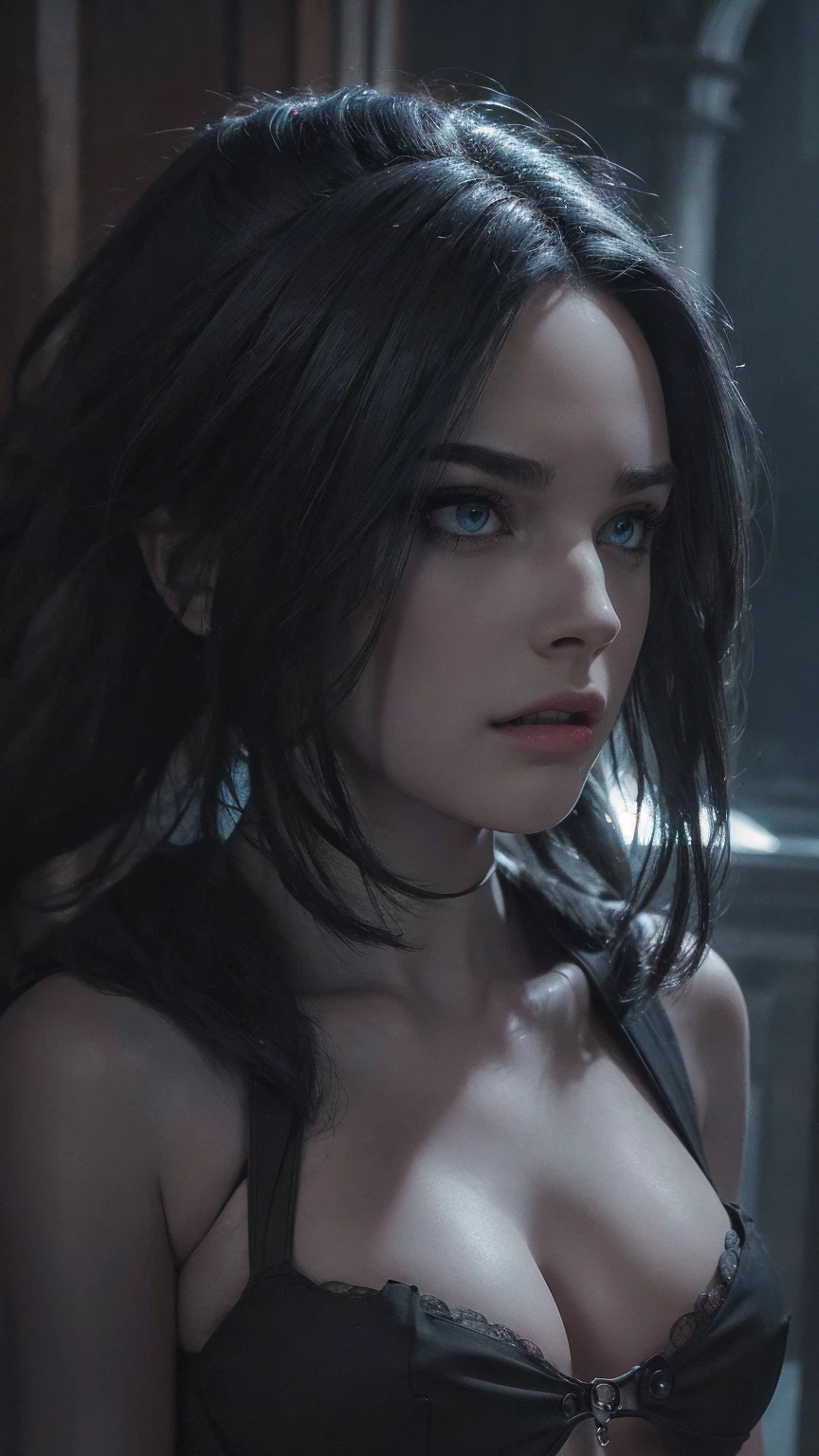 Raven, dangerousbeast, beautiful detailed eyes, beautiful detailed lips, extremely detailed eyes and face, long eyelashes, beautiful woman, strong fierce expression, fangs, claws, wild untamed hair, gothic dark fantasy, dark moody atmosphere, dramatic lighting, dramatic chiaroscuro, cinematic, (best quality,4k,8k,highres,masterpiece:1.2),ultra-detailed,(realistic,photorealistic,photo-realistic:1.37),dark moody colors, dramatic shadows, supernatural, powerful, fierce, gothic, horror, (((upper body:1.2)))