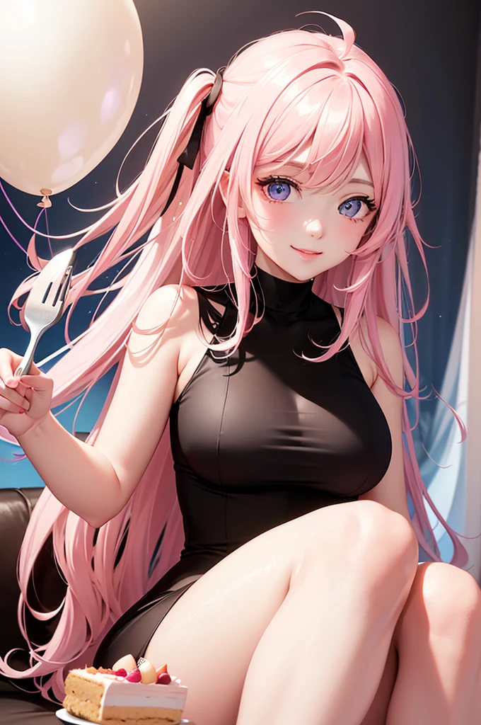 Best Quality,High resolution,8k,(plain white background, no patterns, no textures, just a plain white background:1.3),Masterpiece:1.2),beautiful girl,(Shiny pink hair),messy hair,Beautiful pink eyes,From the viewer's perspective, a seductive woman leans in close, (holding a fork with a piece of cake just inches from your lips:1.3), her eyes locked on yours. She’s dressed in a sleek, form-fitting outfit that accentuates her curves, and the warm atmosphere of the room, filled with balloons and streamers, enhances the celebratory mood,Gentle look,A refreshing look,smile,Best quality,Best Quality,Aesthetic and aesthetic:1.2,Best details((Super detailed))(High-definition CG illustrations),Slender body,smile,blush,Smile cutely,cute,Scrounge,Looking up,Being spoiled,super model