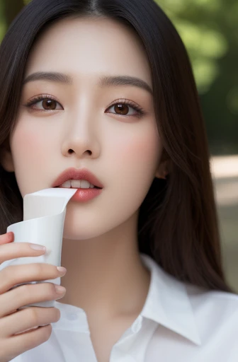 korean beauties, mixed korean, realistic, (((Best quality))), 8k, ((masterpiece)), (extremely delicate and beautiful), Highly detailed, ((Highly detailed face)), (Highly detailed eyes)) , Best quality, 1 girl, alone, (high detailed white shirt: 1.1), shiny skin, dark hair, (big tit: 1.4), short skirt, (drinking coffee), in a park 