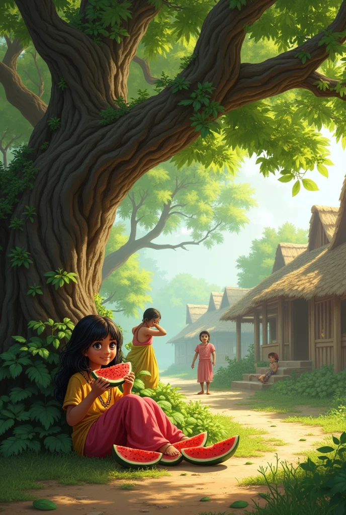 Sitting under a banyan tree eating watermelon was guarding the background of the village