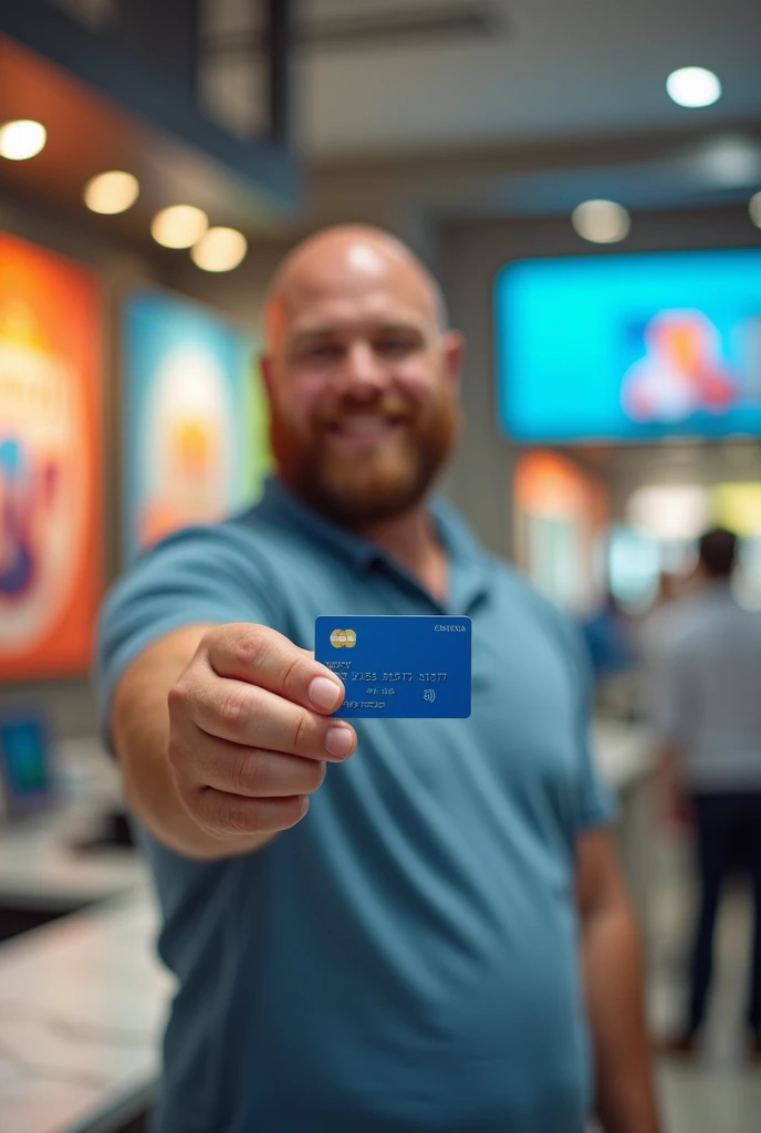 Caucasian man, stocky and hairy, smiling, showing a blue credit card, inside a bank branch.