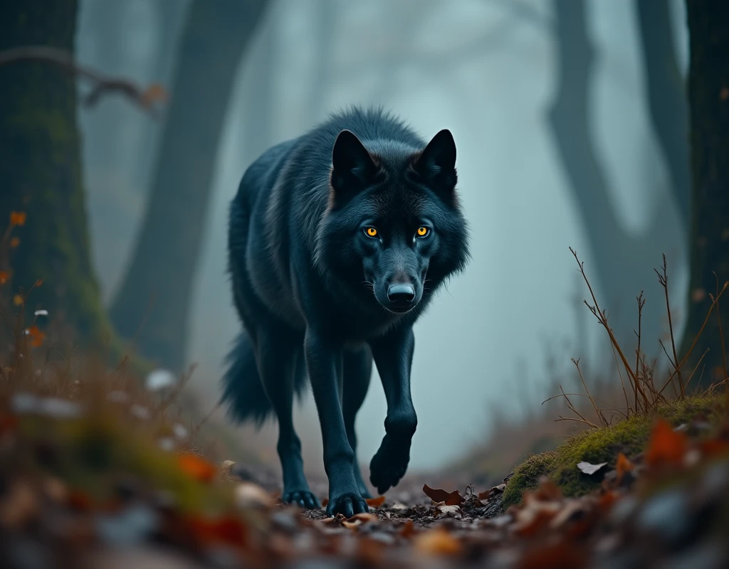 (((masterpiece))), (((Highest quality))), ((Very detailed)), (photograph), (photo:1.2) of a black wolf in search of his next prey, careful and scrupulous expression, forest background, motion blur, cinematic action angle, cinematic angle, cinematic perspective, action shot, action perspective. . intricate details, shimmering, sparkling, iridescent, mesmerizing, dreamlike, ethereal, cinematic lighting, dramatic shadows, vibrant colors, soft focus, hyper realistic, masterpiece. [Entire scene is surrounded by mist, evoking a mysterious and eerie atmosphere. The lighting is dark and atmospheric, with smoke and fog adding a touch of sinister ambiance. Best quality image, HDR enhancement, showcasing the utmost level of detail and realism]. [8K, Best Quality, Ultra High Resolution, (highly detailed CG unity 8k wallpaper), (best photo), (best shadows), isometric 3D, octane rendering, ray tracing, highly detailed, (Best quality, 4K, 8k:1.2), absurdity, ultra detailed, (realistic, photorealistic, photorealistic:1.37), complex parts, HDR, (complex parts:1.12), (hyper detailed, hyper realistic, Soft lighting, spicy:1.2), (complex parts, Hyper detailed:1.15). Blurred foreground. (backlit), masterpiece, high quality, brightness, chromatic aberration, foggy smoke, shadows, contrast, (warm hue, warm tone), high details, natural reflections]. many details. Cinematic lights. photo.