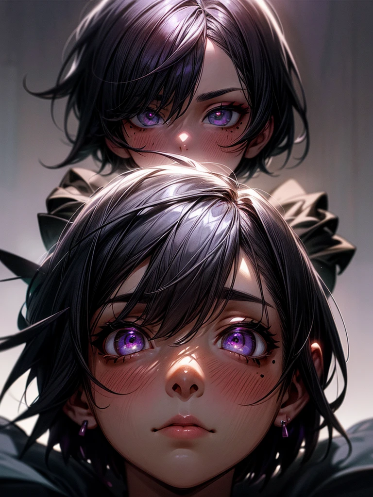 Alone, High resolution, looking at the viewer, masterpiece, anatomically correct, textured skin, A grown man, short hair, black hair, blush, violet eyes, mole under the eye, dilated pupils, instead, Yandere, from below, jewelry, mole under the mouth, backlighting, chiaroscuro, Digital art, animated style,