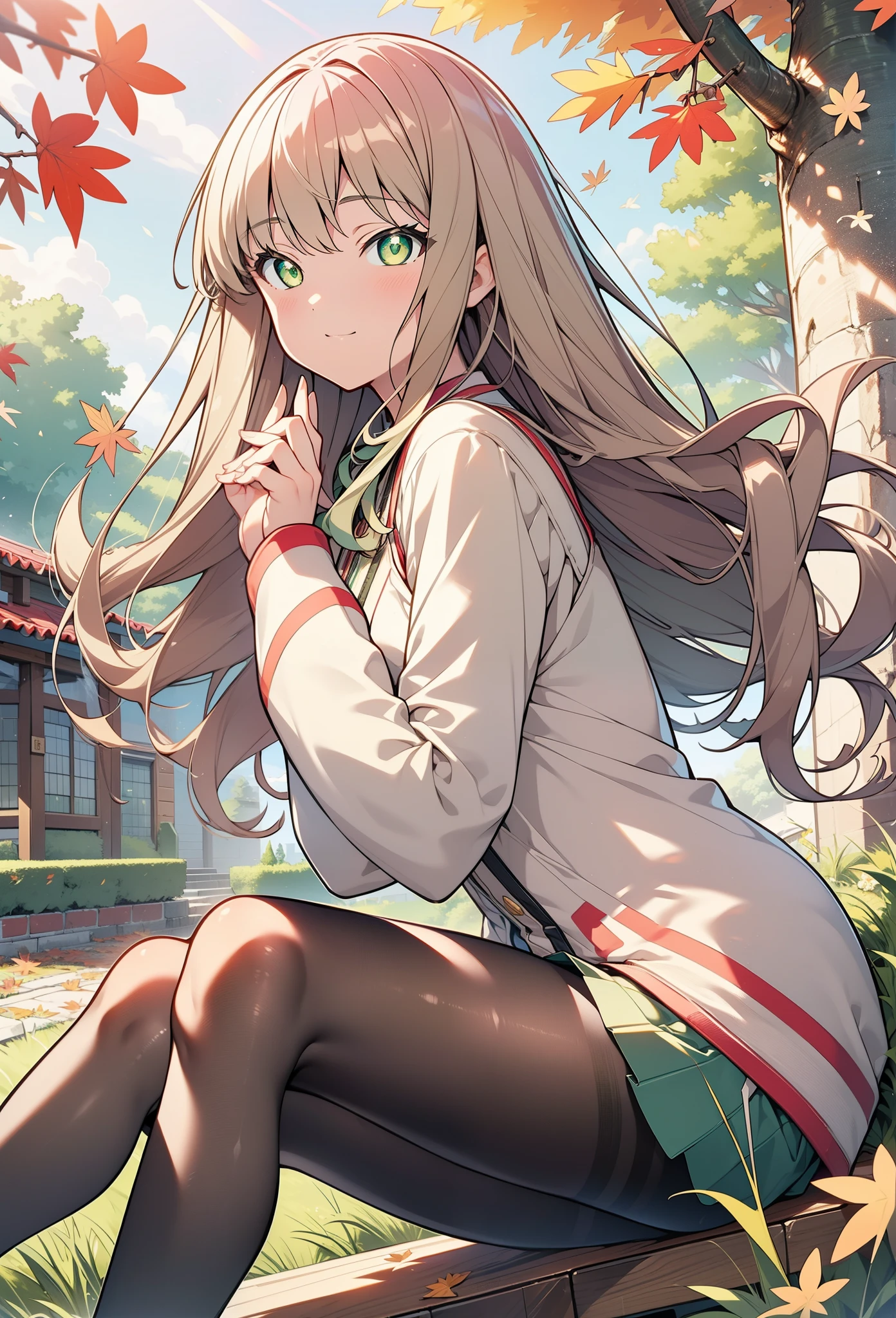 minami yume ,sss Dynazenon ,Long Hair,hair band, Brown Hair, smile,blush,(Green Eyes:1.5) ,Blue v-neck sweater,Shorts,Black pantyhose,short boots,Walking,whole bodyがイラストに入るように,autumn leaves,autumn leavesが散っている,autumn leavesが積もっている,Sitting on a bench,
break looking at viewer, whole body,  
break outdoors, garden,
break (masterpiece:1.2), Highest quality, High resolution, unity 8k wallpaper, (shape:0.8), (Beautiful and beautiful eyes:1.6), Highly detailed face, Perfect lighting, Extremely detailed CG, (Perfect hands, Perfect Anatomy),