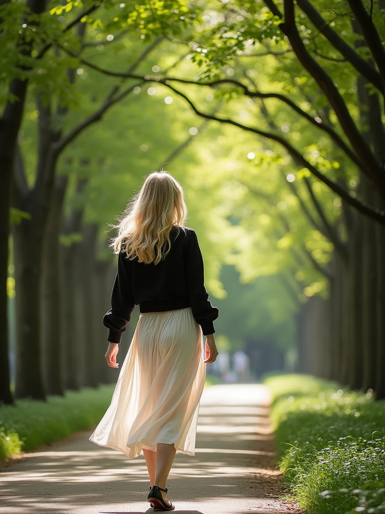 a blonde young woman waking on a path among the trees. Woman is wearing a casual white dress and black jacket . Natural illumination.
