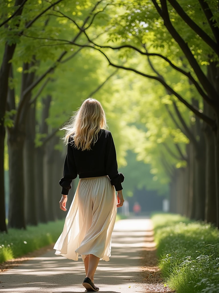 a blonde young woman waking on a path among the trees. Woman is wearing a casual white dress and black jacket . Natural illumination.