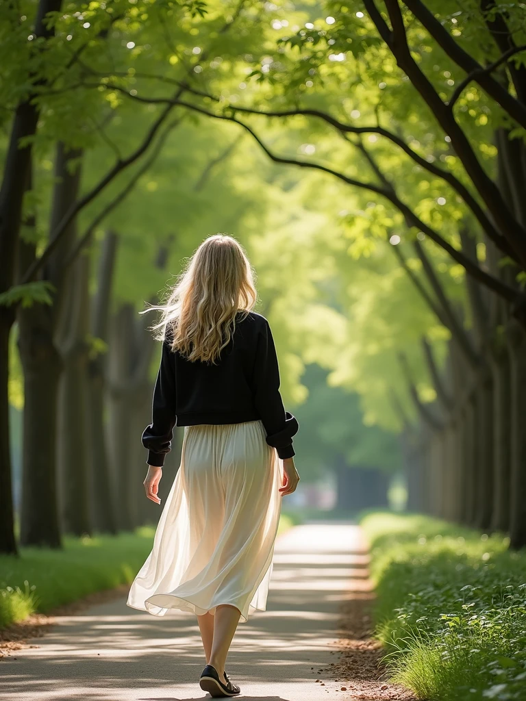 a blonde young woman waking on a path among the trees. Woman is wearing a casual white dress and black jacket . Natural illumination.