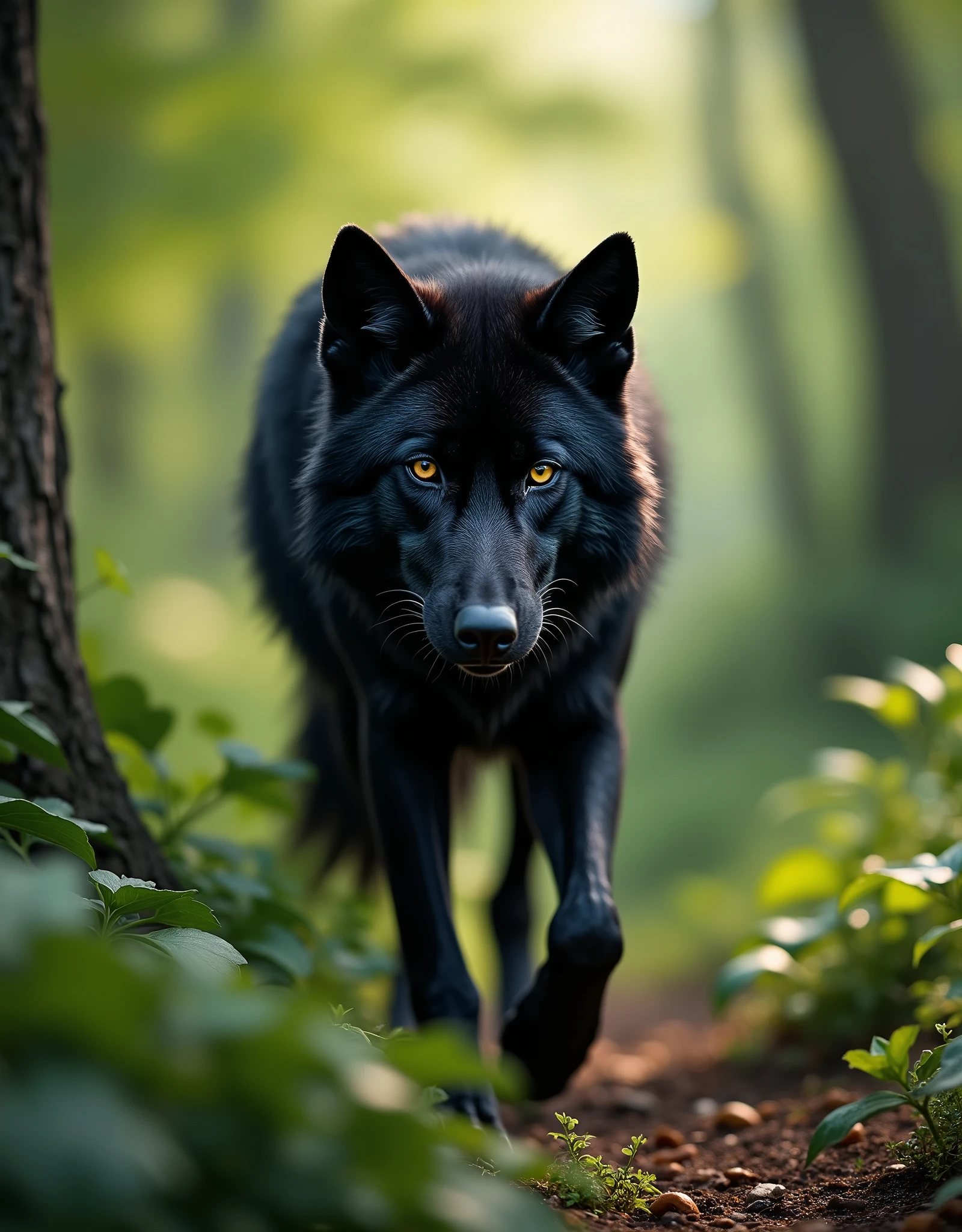 (((masterpiece))), (((Highest quality))), ((Very detailed)), (photograph), (photo:1.2) of a black wolf in search of his next prey, careful and scrupulous expression, forest background, motion blur, cinematic action angle, cinematic angle, cinematic perspective, action shot, action perspective. intricate details