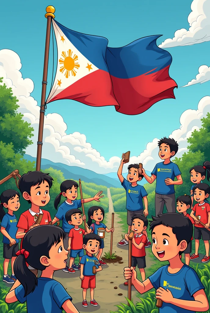 Create a poster illustrating the definition, essence, and importance of National Service Training Program. Include philippine flag, clean up drive, and other civic welfare training services. Remove font and make it like a collage. Cartoon style and add few more different services