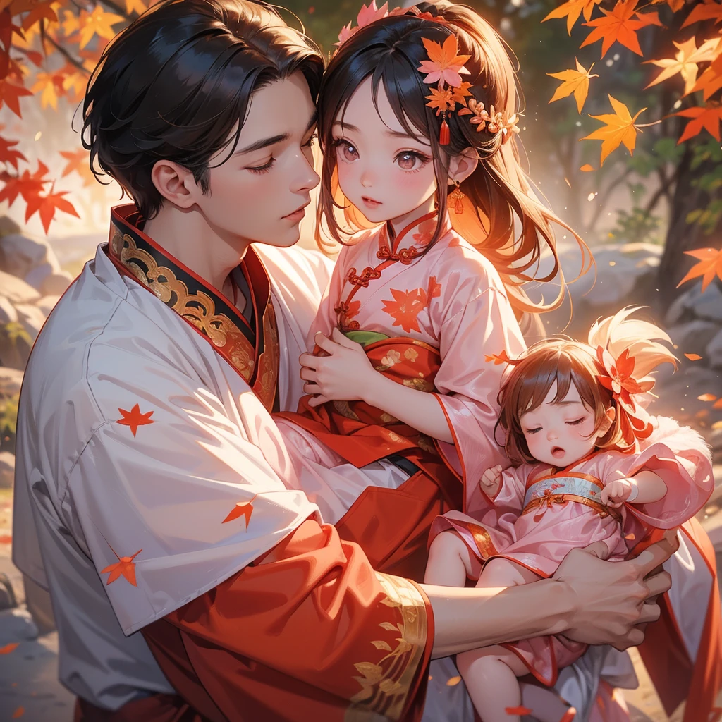 A one-year-old baby boy in pink ancient Chinese baby costume with his beautiful mother, dressed in an ancient Chinese costume, The backdrop is a mountain that turns orange-red in spring, and maple leaves fall from the trees, playing with each other, with his handsome father standing next to his mother, close up