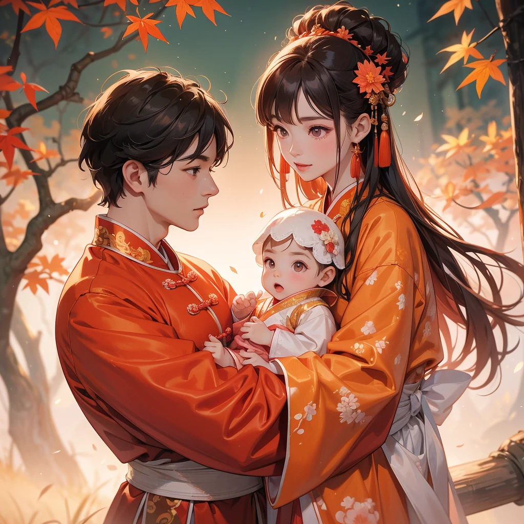 A -yead bab pink ancient Chinese baby costume wiis beautiful mother, dressed in an ancient Chinese costume, The backdrop is a mountain that turns orange-red in spring, and maple leaves fall from the trees, playing with each other, with his handsome father standing next to his mother, close up