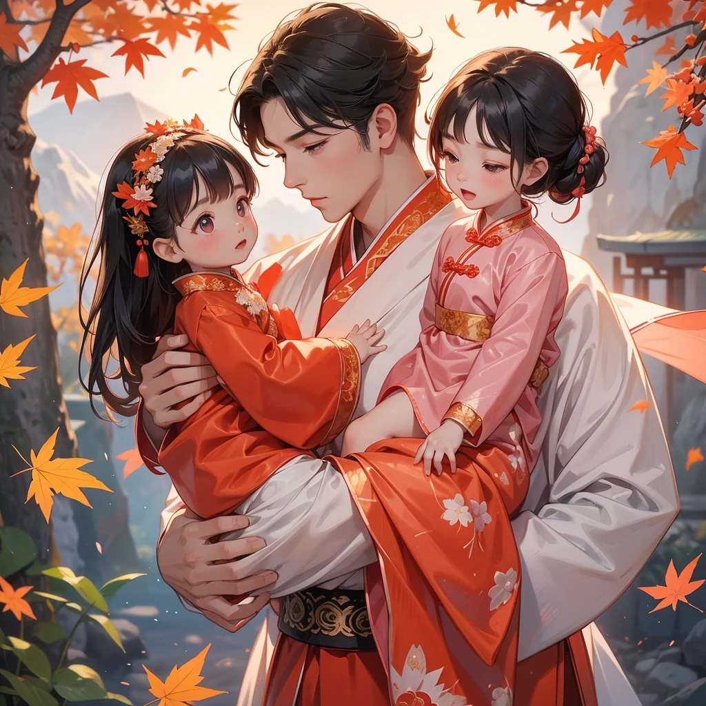 A -yead bab pink ancient Chinese baby costume wiis beautiful mother, dressed in an ancient Chinese costume, The backdrop is a mountain that turns orange-red in spring, and maple leaves fall from the trees, playing with each other, with his handsome father standing next to his mother, close up